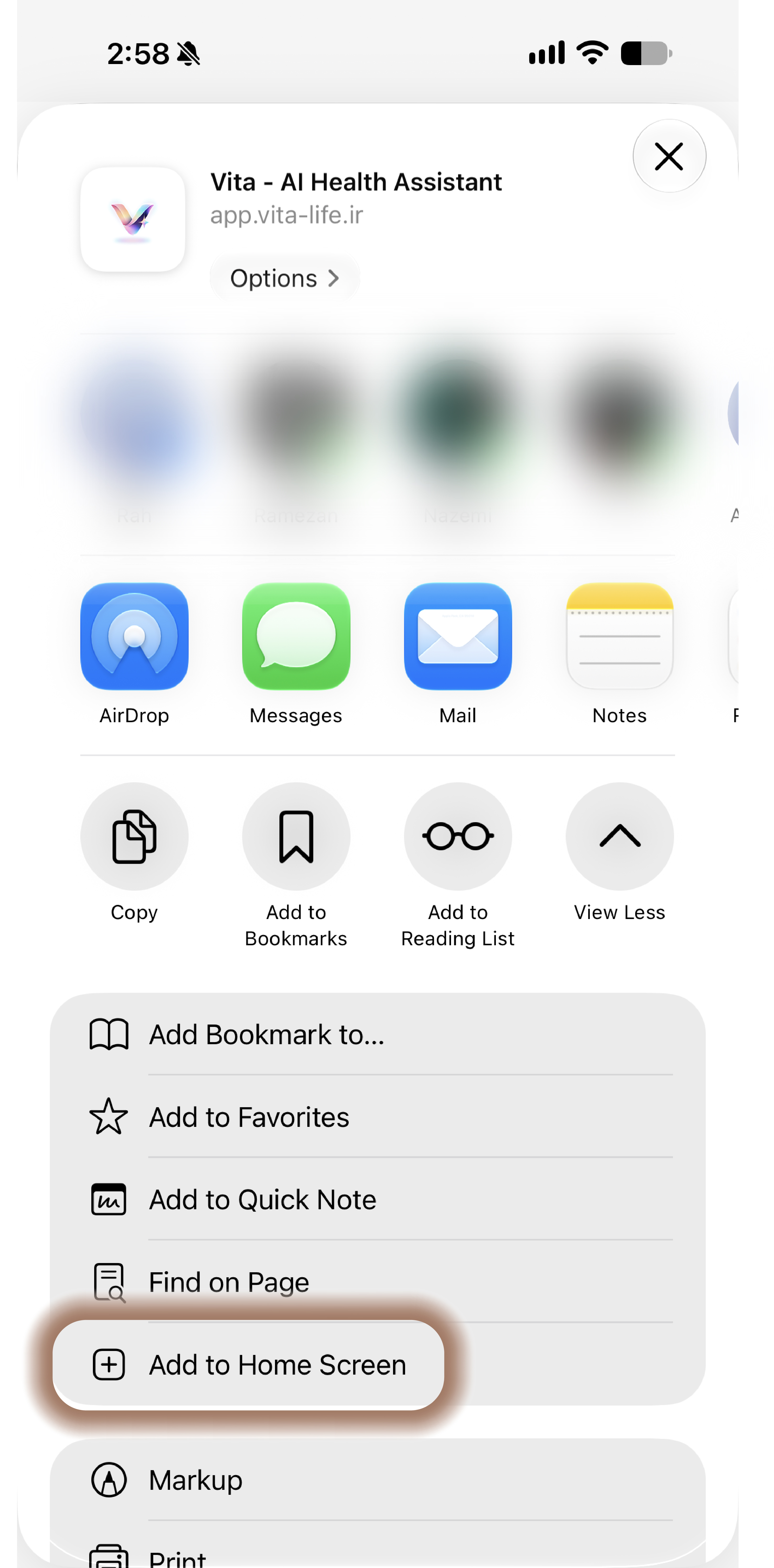 فهرست اشتراکگذاری آیفون با گزینه Add to Home Screen