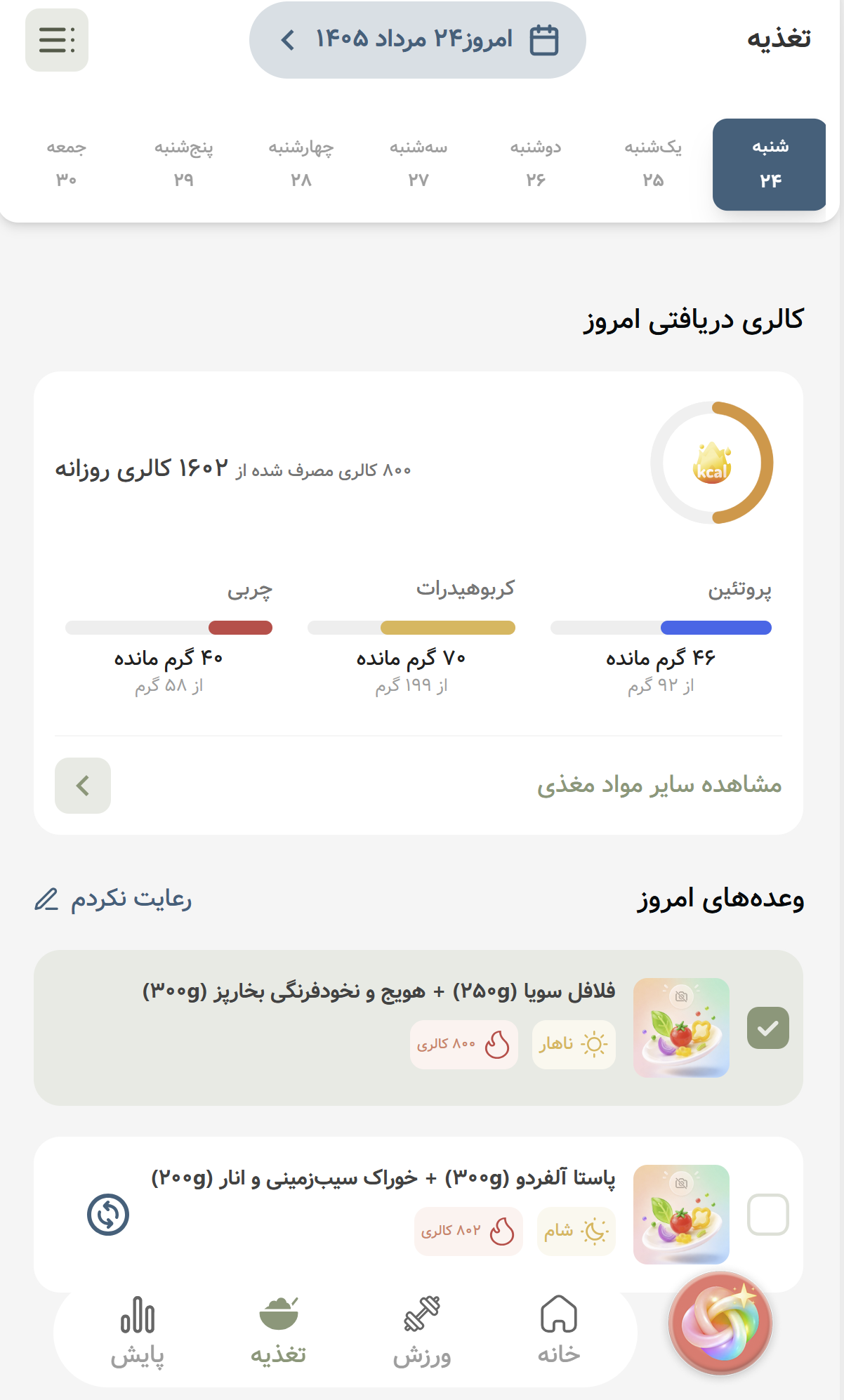 صفحه تغذیه ویتا با کالری دریافتی روزانه، درشتمغذیها و وعدههای امروز